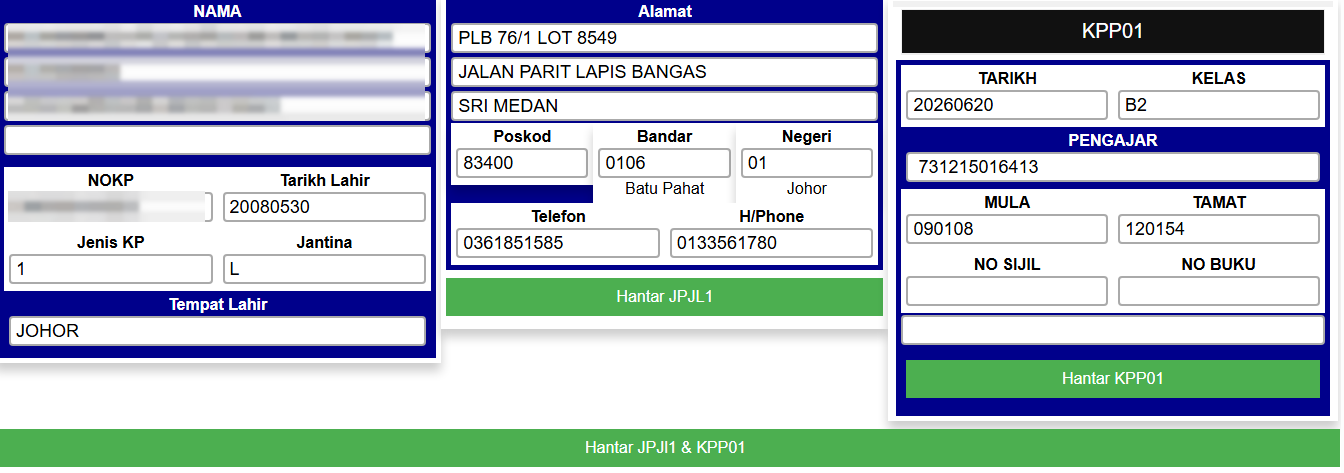 Semak NAMA, ALAMAT dan butiran KPP01 (No Sijil & No Buku) sebelum tekan Hantar.
