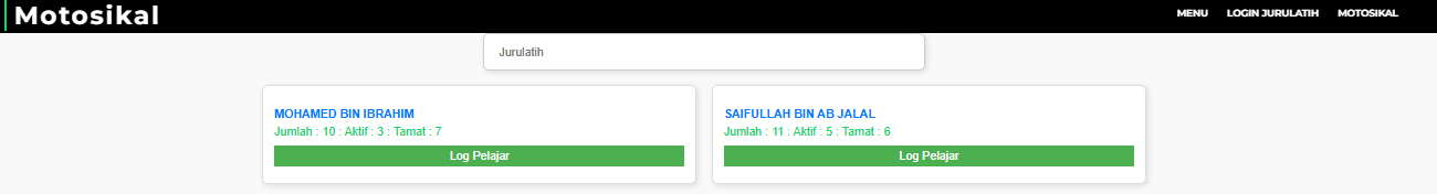 Senarai jurulatih motosikal — tekan Log Pelajar pada jurulatih yang dipilih.